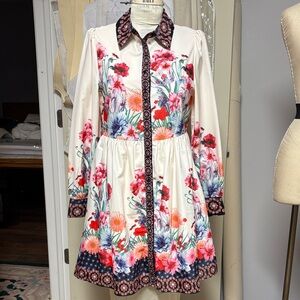 Floral Long Sleeve Dress with Black Trim